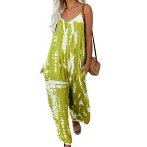 Spring Green White Cotton Blend Adjustable Strap Pocket Jumpsuit Size 2XL